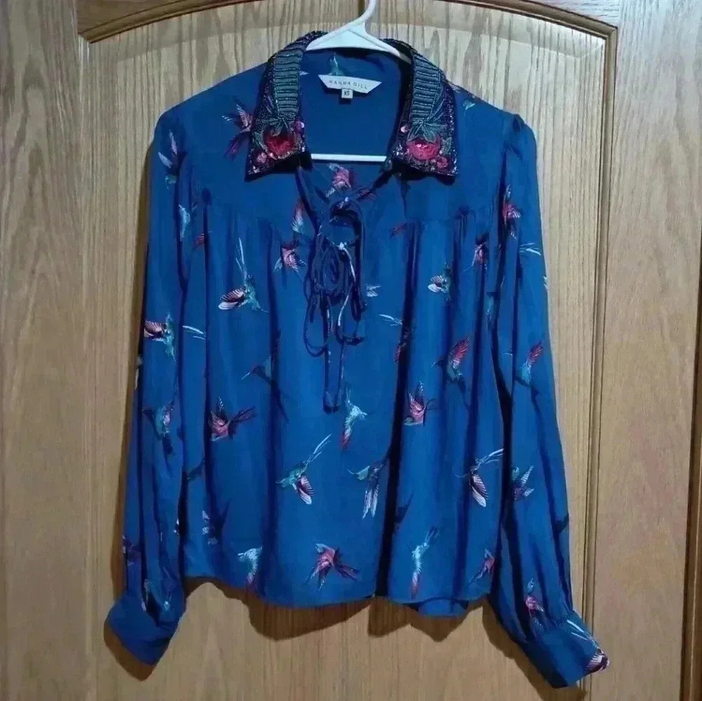 Ranna Gill Anthropology Audubon XS embroidered sequin collar hummingbirds blue